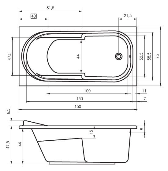 Riho ванна Columbia 150 х 75 см BA02 схема 5