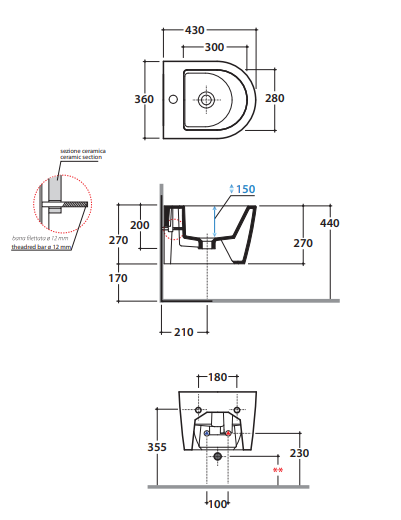 Напольное мини-биде Globo Forty3 FOS12 43 х 36 схема 1