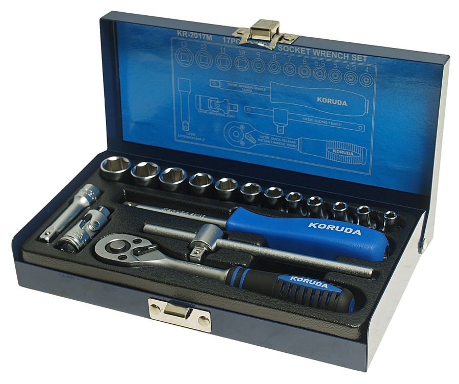 НАБОР ГОЛОВОК ТОРЦЕВЫХ 1/4" 6-ТИ ГРАННЫХ 17 ПРЕДМЕТОВ В МЕТАЛЛИЧЕСКОМ КЕЙСЕ KORUDA