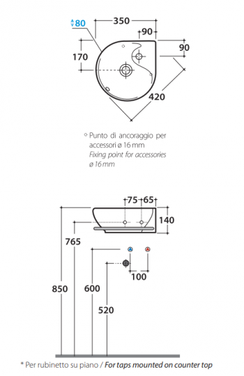 Раковина Globo Grace MI013 35 x 35 схема 1