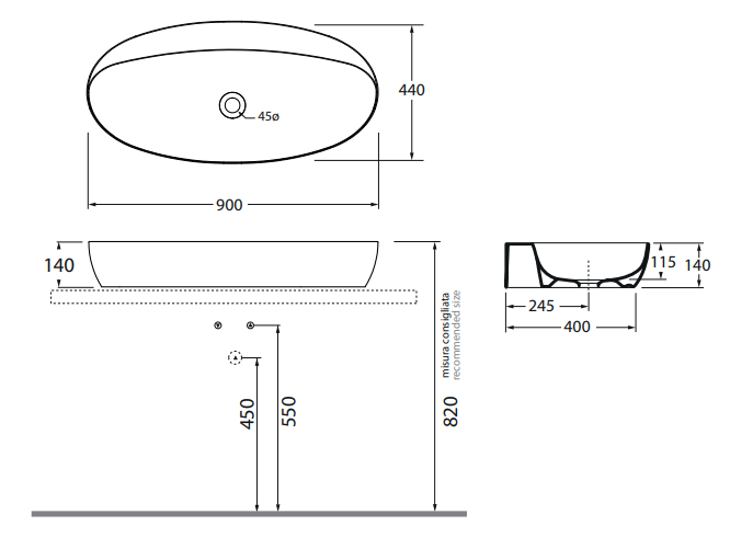 Раковина Azzurra Elegance/Circle ELLA090440C0 90 x 44 схема 1