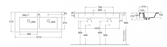 Консольная раковина Azzurra Slim Consolle SLLC12151Y0M 121 x 51 схема 1