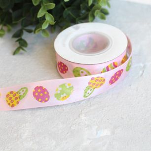 Лента атласная 2,5 см "Пасхальные яйца на розовом"