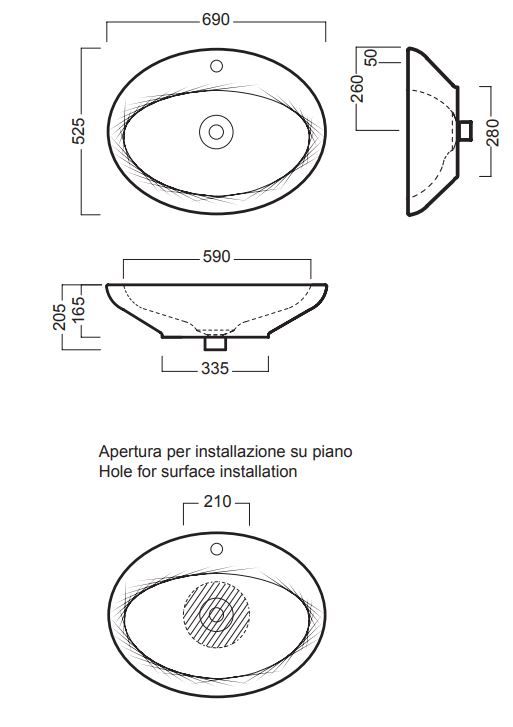 Накладная раковина Hatria Sculture Y0MV01 69х52,5 схема 1