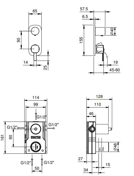 Смеситель для ванны и душа Fantini Lame M487B 15,5х6,5 на 3 потребителя схема 1