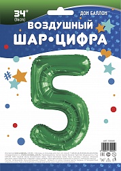 Шар (34''/86 см) Цифра, 5, Slim, Зеленый, 1 шт. в упак.