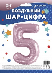 Шар (34''/86 см) Цифра, 5, Slim, Светло-розовый, 1 шт. в упак.