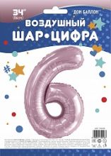 Шар (34''/86 см) Цифра, 6, Slim, Светло-розовый, 1 шт. в упак.