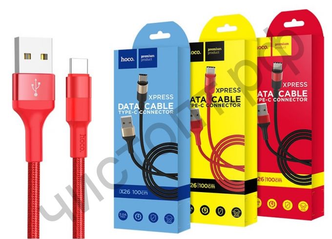 Кабель USB - Type-C HOCO X26 Xpress, 1.0м, круглый, 2.1A, ткань, в переплёте, красный