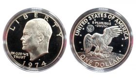 США 1 ДОЛЛАР СЕРЕБРО 1974 Proof МОНЕТНЫЙ ДВОР S ЭЙЗЕНХАУЭР ШАЙБА