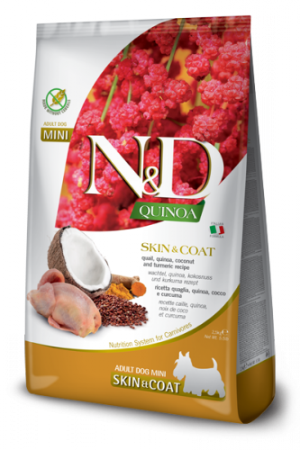 N&D Dog Quinoa Skin&coat Quail Adult Mini (Перепел, киноа, кокос и куркума для мелких пород. Здоровье кожи и шерсти)