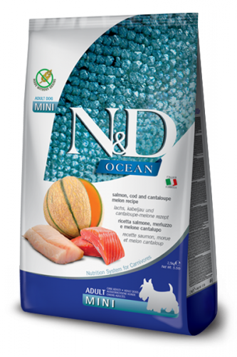N&D Ocean Salmon, Cod & Cantalupe melon mini adult (Лосось, треска, дыня для взрослых собак мелких пород)
