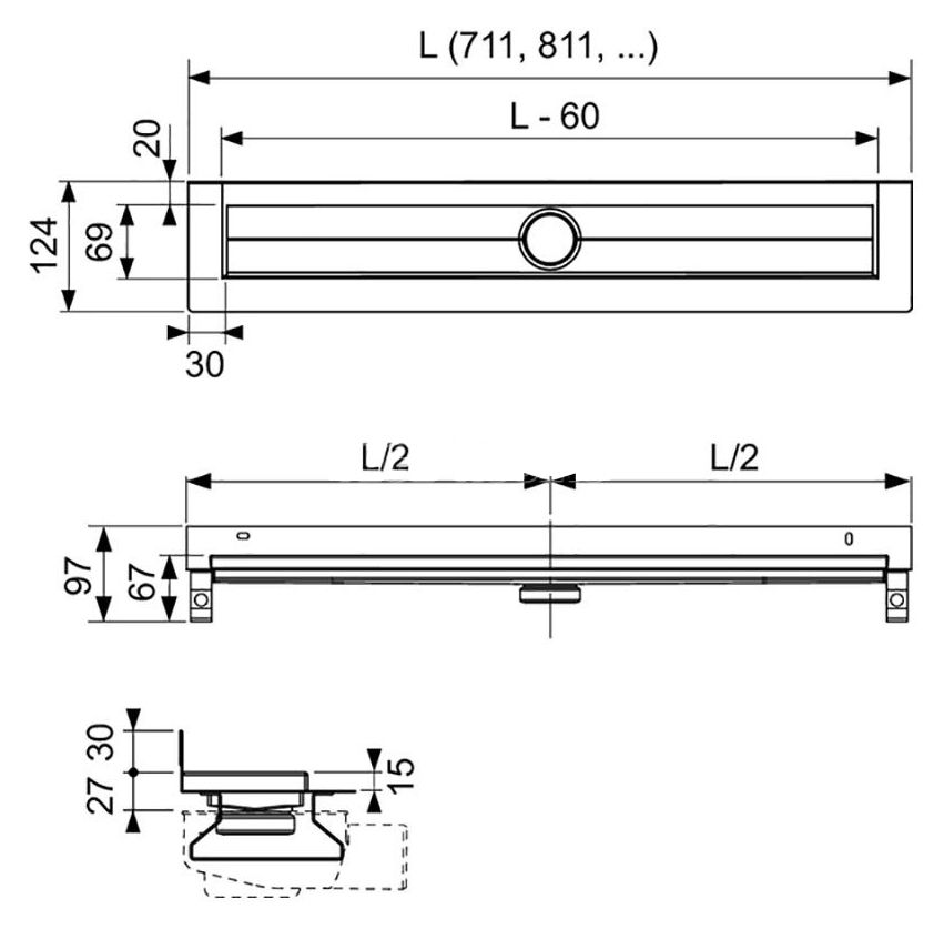 Душевой лоток Tece Drainline 80 600801 пристенный без крышки схема 3