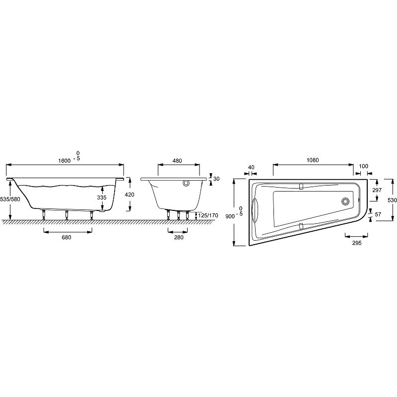 Ванна асимметричная Jacob Delafon Odeon Up 160x90 L E6065RU-00 схема 4