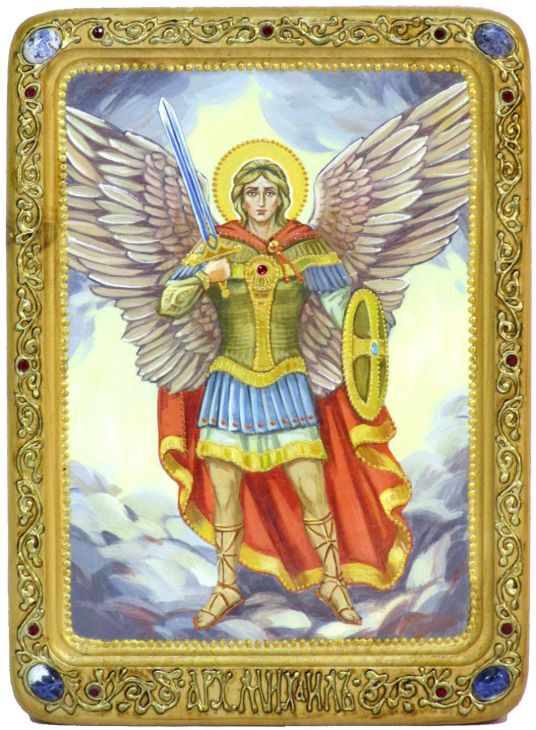 Инкрустированная Живописная икона Архангел Михаил (21*29 см, Россия) на натуральном кипарисе в подарочной коробке