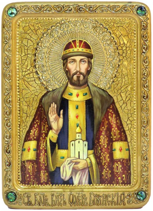 Живописная подарочная икона Святой благоверный князь Олег Брянский (21*29 см, Россия) на натуральном кипарисе в подарочной коробке