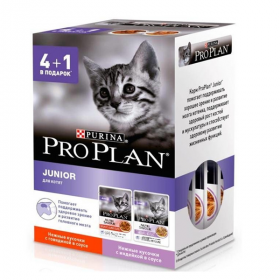 Влажный корм для котят Pro Plan Junior кусочки в соусе с говядиной и индейкой 4шт х 85 гр + 1 пауч в подарок