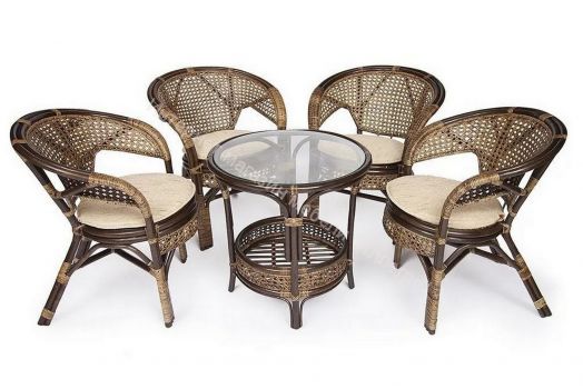 Комплект "PELANGI" 02/15 (стол со стеклом + 4 кресла) без подушек, ротанг, walnut (грецкий орех)