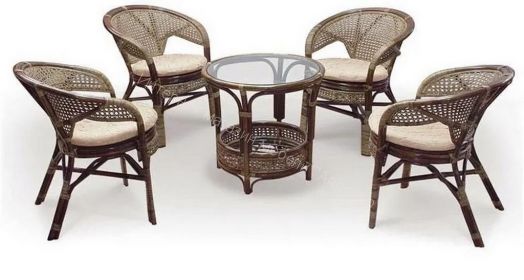 Комплект "PELANGI" 02/15 (стол со стеклом + 4 кресла) без подушек, ротанг, walnut (грецкий орех)