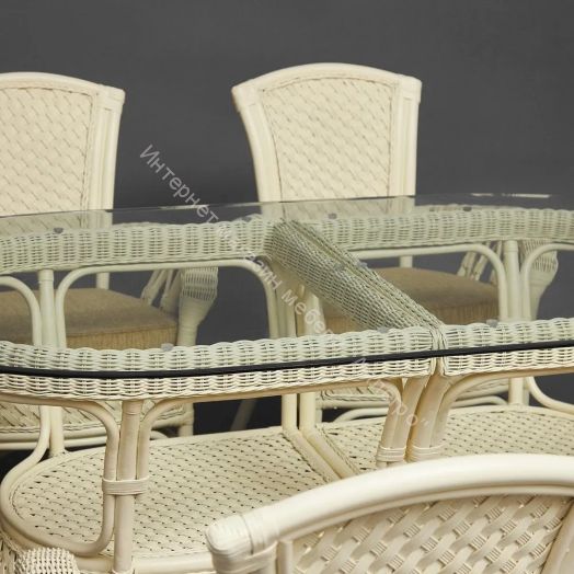 Комплект обеденный "ANDREA GRAND" (стол со стеклом+6 кресел+ подушки) TCH White (белый), Ткань рубчик, цвет кремовый