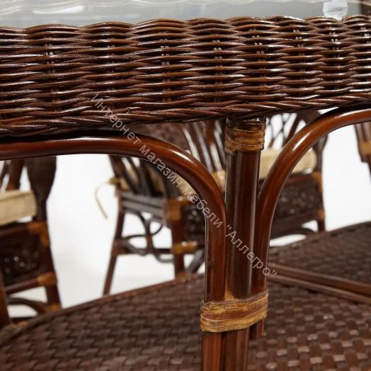 Комплект обеденный "ANDREA GRAND" (стол со стеклом+6 кресел+ подушки) Pecan Washed (античн. орех), Ткань рубчик, цвет кремовый