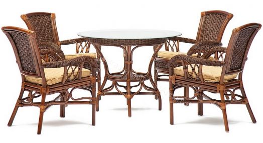 Комплект обеденный "ANDREA" ( стол со стеклом + 4 кресла + подушки) Pecan Washed (античн. орех), Ткань рубчик, цвет кремовый