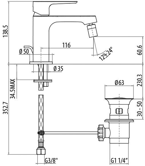 Смеситель для биде Gattoni H2OMIX2000 с донным клапаном 3051 схема 2