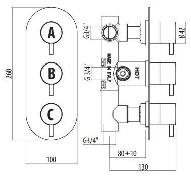 Смеситель для душа термостатический встраиваемый, на 2 выхода Gattoni Circle One  TS993/22 ФОТО