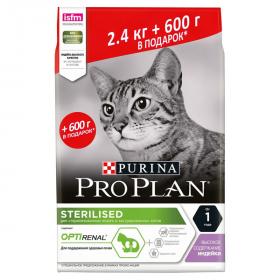 Сухой корм для стерилизованных кошек Pro Plan Sterilised OPTIRenal с индейкой 2.4 + 0.6 кг