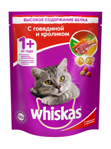 Сухой корм для кошек Whiskas, подушечки с паштетом, ассорти с говядиной и кроликом