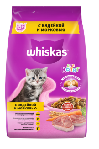 Сухой корм для котят Whiskas Вкусные подушечки, с молоком, индейкой и морковью