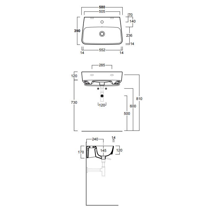 Раковина Simas Lavabi 58x46 с 1 отверстием DE 14 схема 2