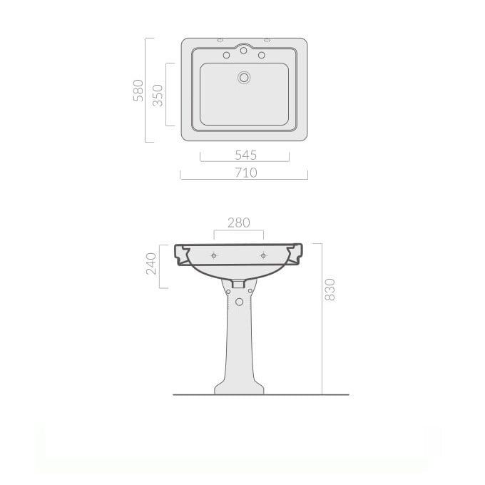 Раковина Galassia Ethos 8400 с 3 отверстиями и переливом 71x58 схема 3