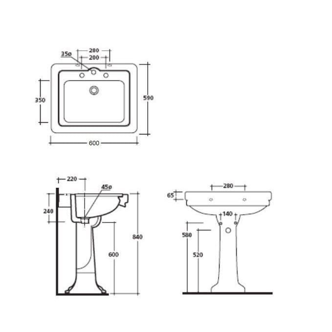 Раковина Galassia Ethos 8417 с 3 отверстиями и переливом 60x51 схема 2