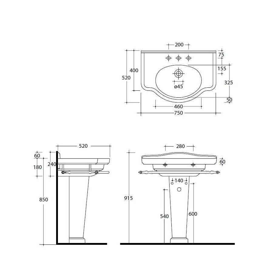 Раковина Galassia Ethos 8433 с 3 отверстиями и переливом 75x52 схема 2