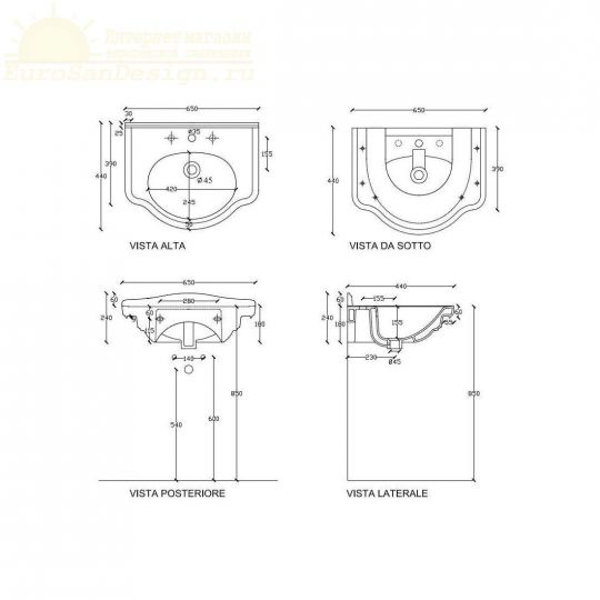 Раковина Galassia Ethos 8432M с 1 отверстием и переливом 65x44 схема 2