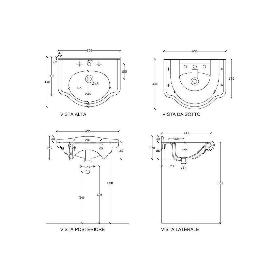 Раковина Galassia Ethos 8432 с 3 отверстиями и переливом 65x44 схема 2