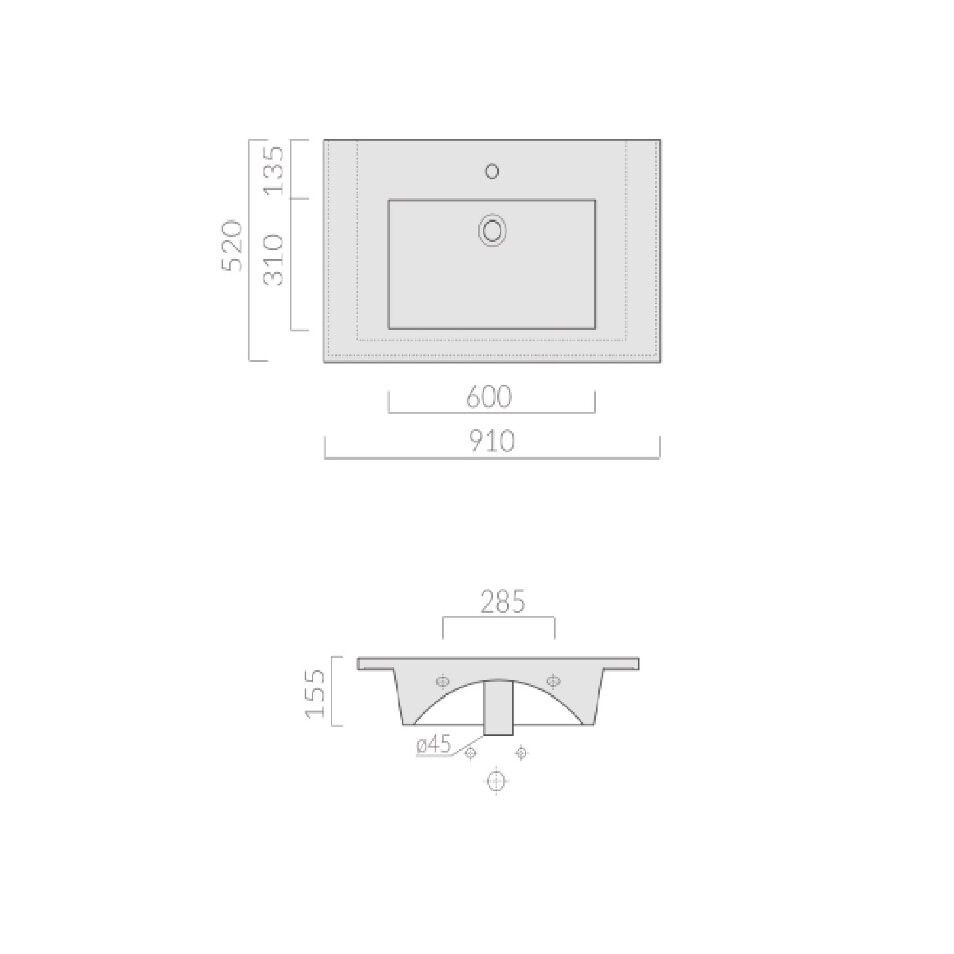 Раковина Galassia Plus Design с 1 отверстием и переливом 91x52 2043 схема 2