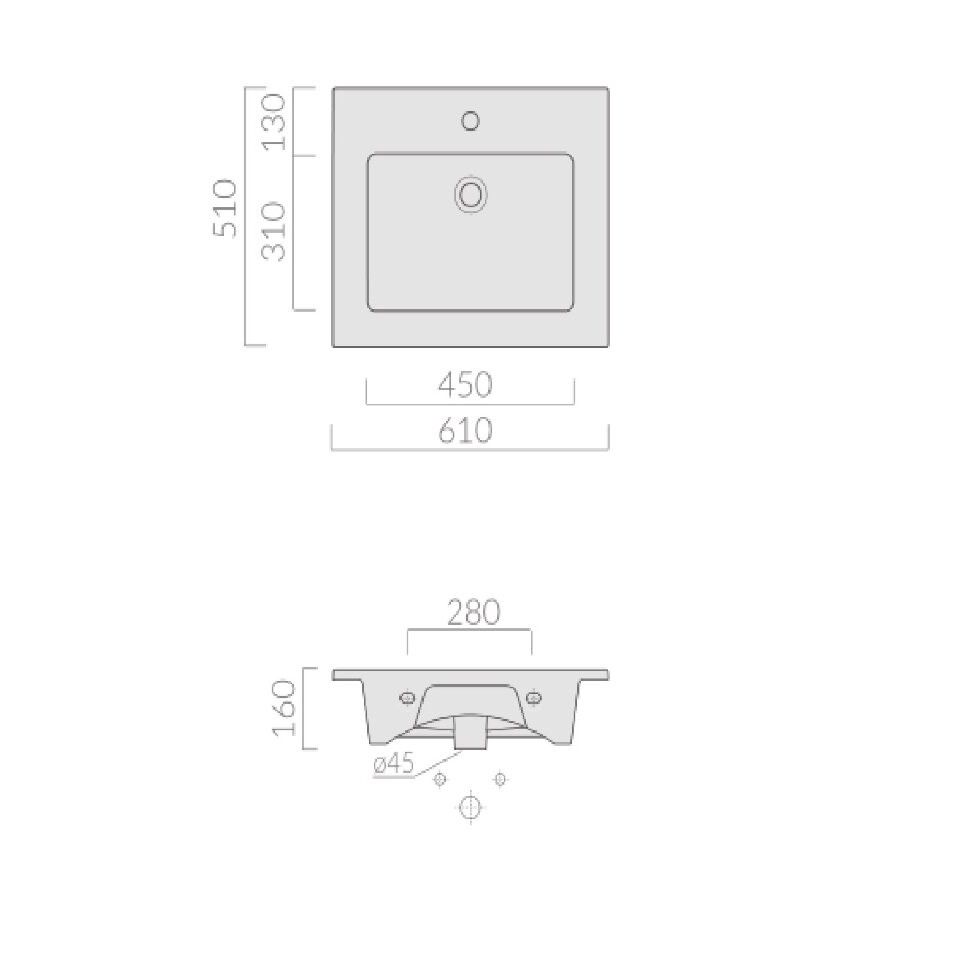 Раковина Galassia Plus Design с 1 отверстием и переливом 61x51 2045 схема 2