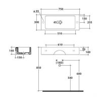 Раковина Galassia Plus Design с 1 отверстием (справа или слева) 75x30 6036S схема 2