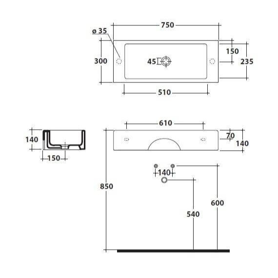 Раковина Galassia Plus Design с 1 отверстием (справа или слева), глазурованная со всех сторон 75x30 6036 ФОТО