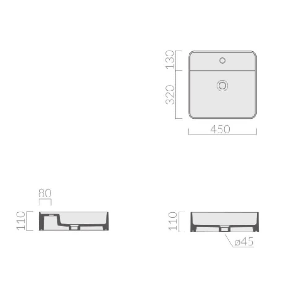 Раковина Galassia SmartB с 1 отверстием без перелива 45x45 7412 схема 2