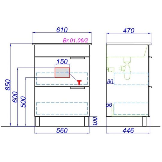 Тумба напольная с 2 ящиками Aqwella Бриг Br.01.06/2 с раковиной 61х85 см из МДФ и ДСП схема 2
