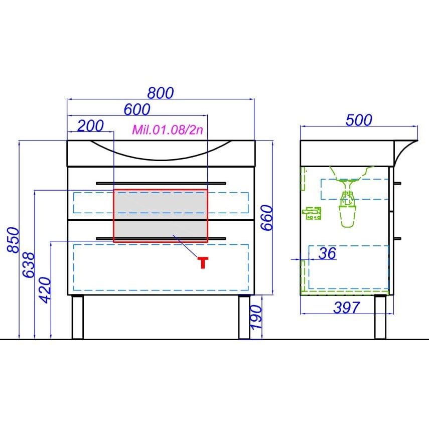 Напольная тумба Aqwella Милан Mil.01.08/2n/W с раковиной 80х85 схема 2