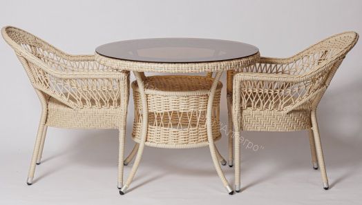 Стол FM-2002 белый (молочный) со стеклом, ротанг искусственный