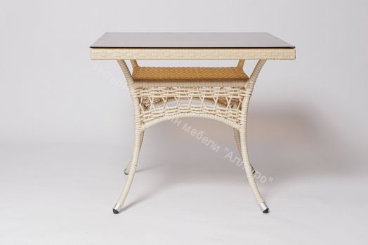 Стол FM-2001 квадратный со стеклом белый (молочный) , ротанг искусственный