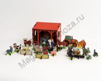 Игровой набор деревянный УСПЕШНАЯ ФЕРМА 45 фигурок на подставках + сборный сарай + мультфильмы