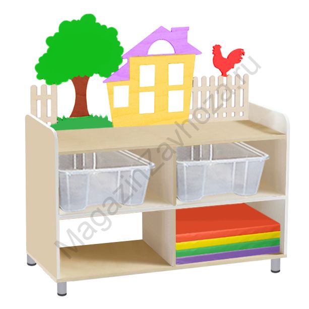 ТУМБА ДЛЯ ИГРУШЕК И ПОСОБИЙ 4 ОДНОСТОРОННЯЯ НА КОЛЁСАХ С 2-МЯ КОНТЕЙНЕРАМИ И МИНИ-МАТАМИ