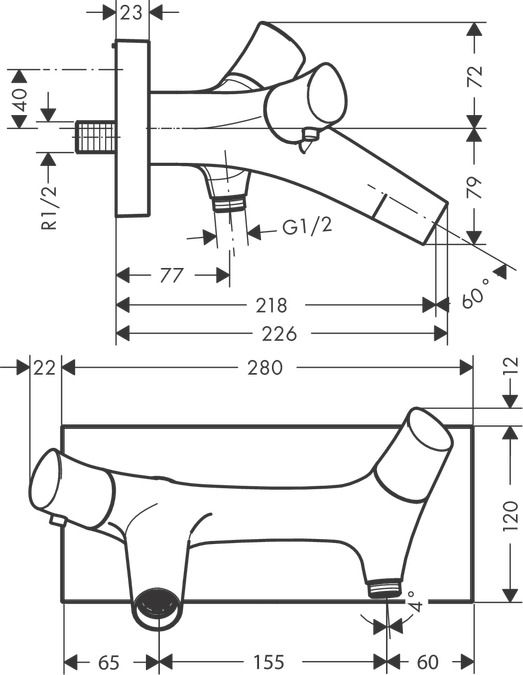 Смеситель Hansgrohe AXOR Starck Organic для ванны с душем 12410000 схема 1