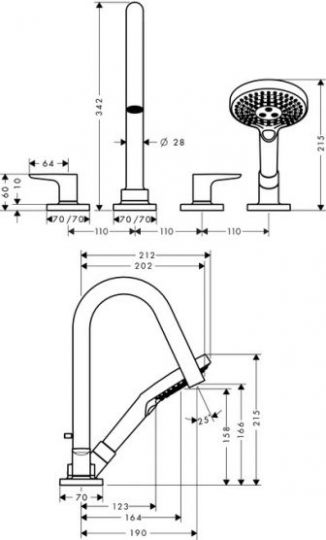 Смеситель на борт ванны Hansgrohe AXOR Citterio M с душем и поворотным изливом 34454000 схема 1